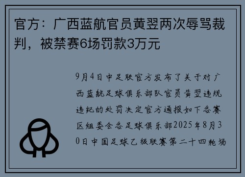 官方：广西蓝航官员黄翌两次辱骂裁判，被禁赛6场罚款3万元